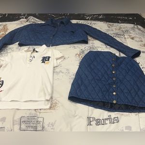 Beautiful three-piece set, blue coat and skirt with a polo Ralph Lauren shirt